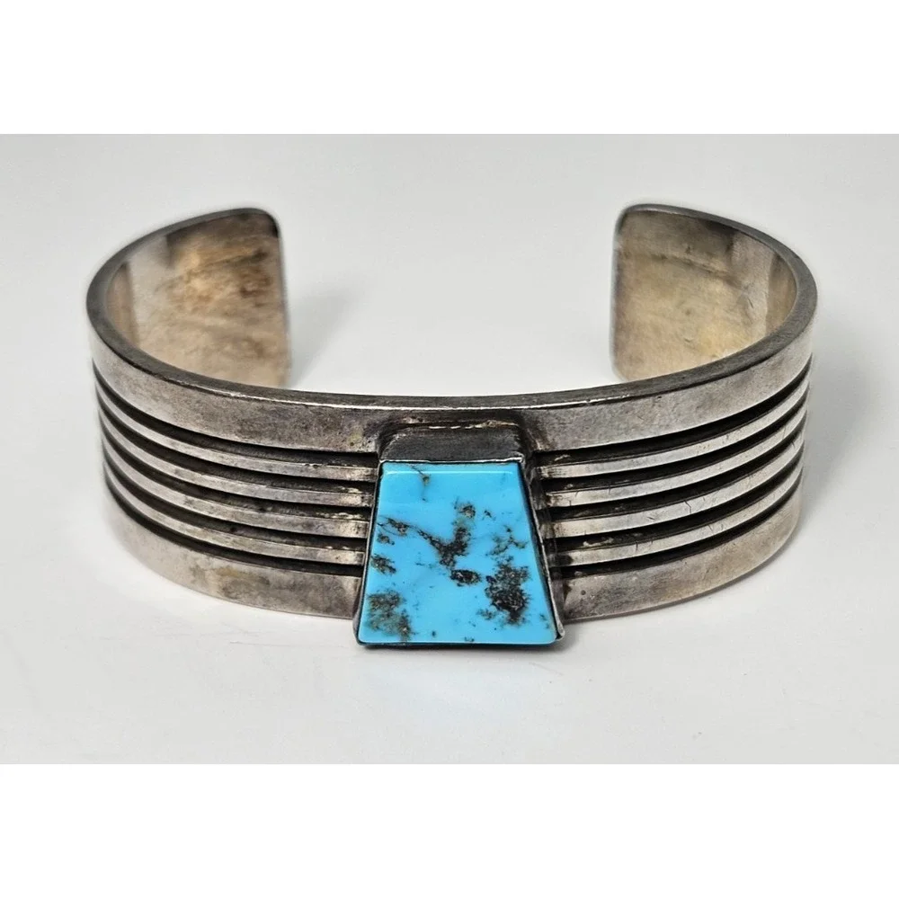 Sterling Silver Cuff Ridged Bracelet Kingman Black Web Turquoise Abstract NA
